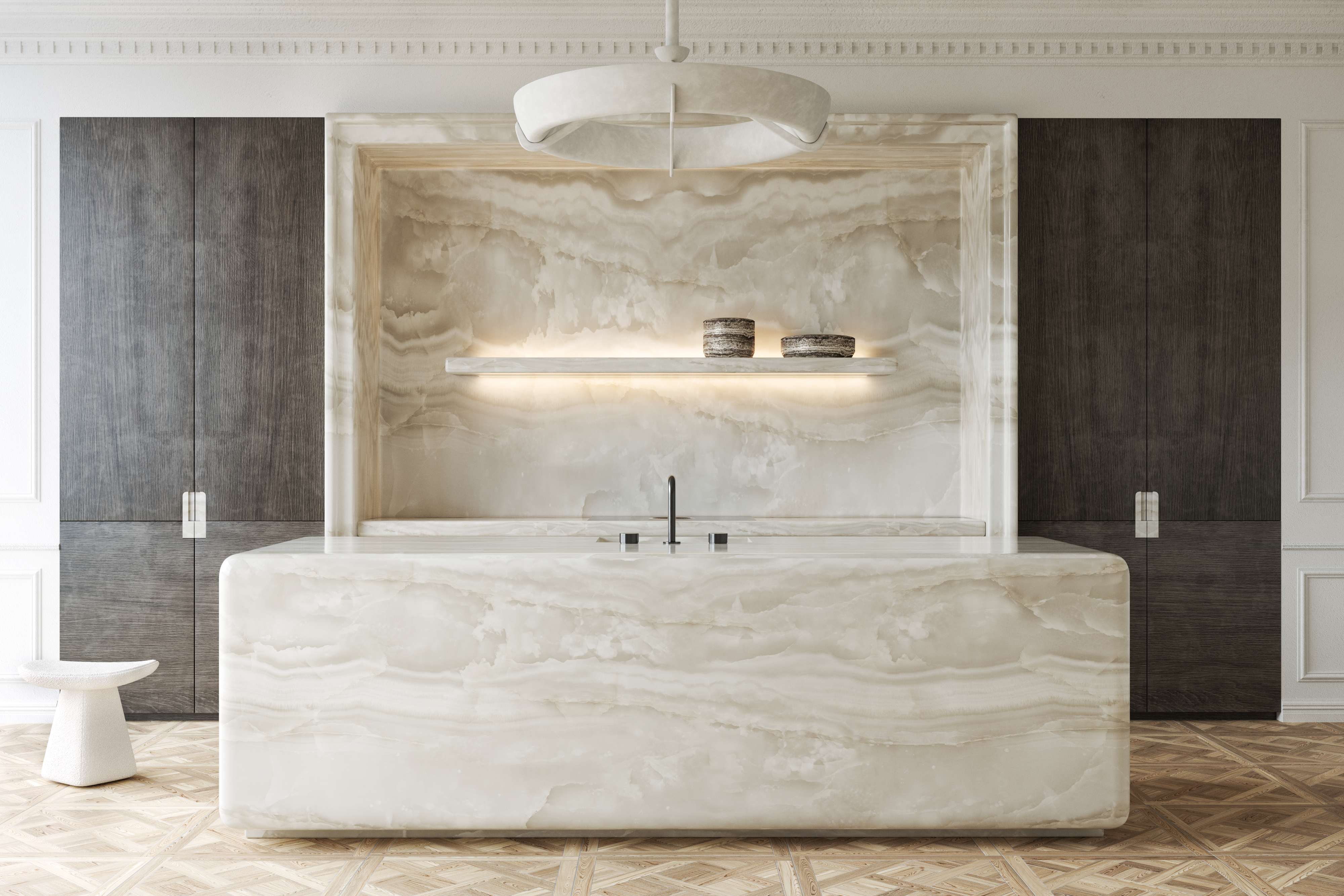 Monaco Residence — onyx kitchen with backlit niche and dark oak volumes